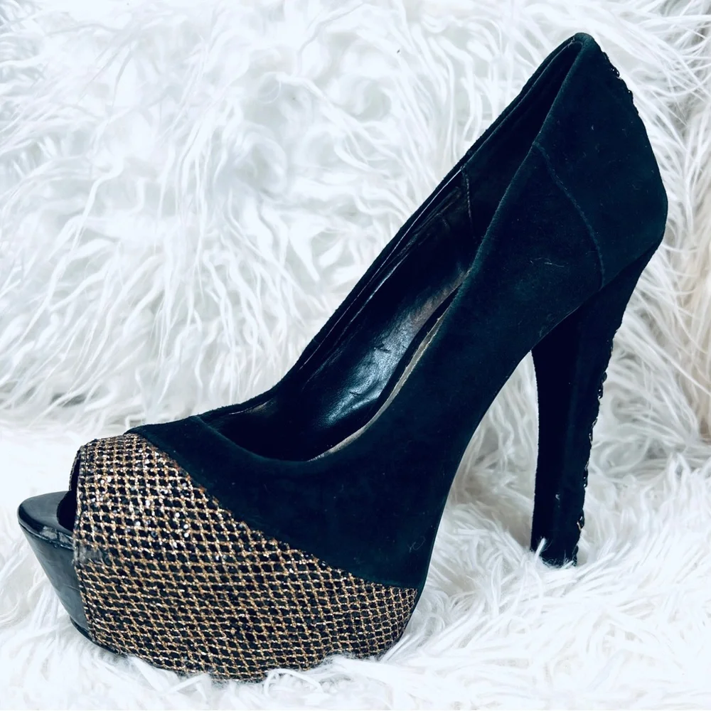 Black Platform Peep Toe Lace Corset Heel P…